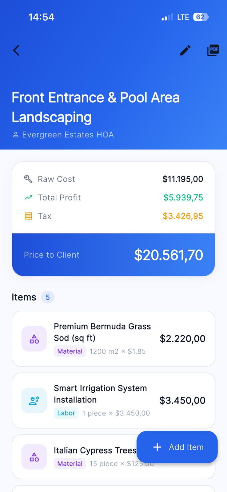 QuoteQuick App showing detailed invoice and estimate creation screen with items