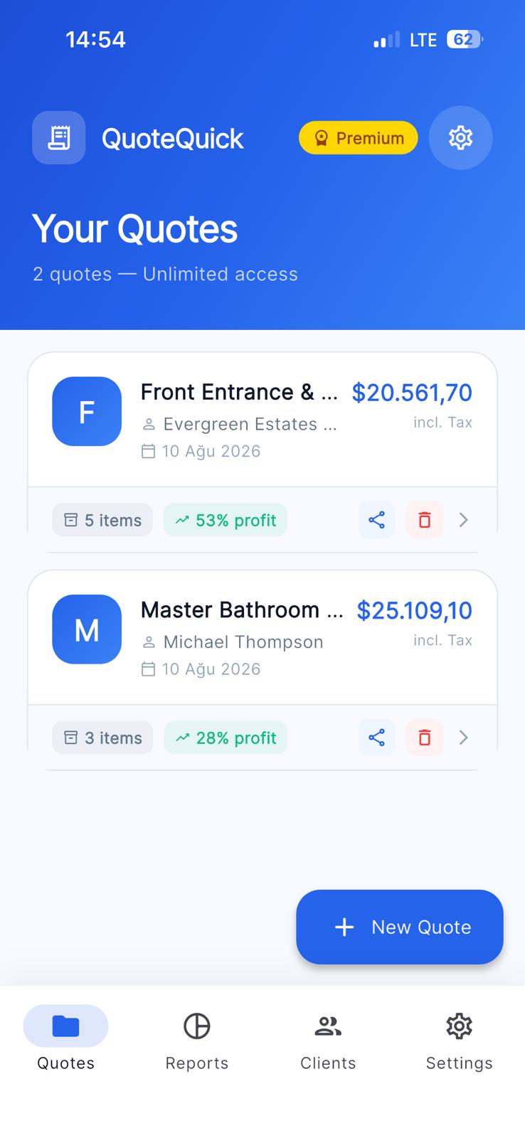 QuoteQuick Mobile App Dashboard showing total revenue and recent quotes