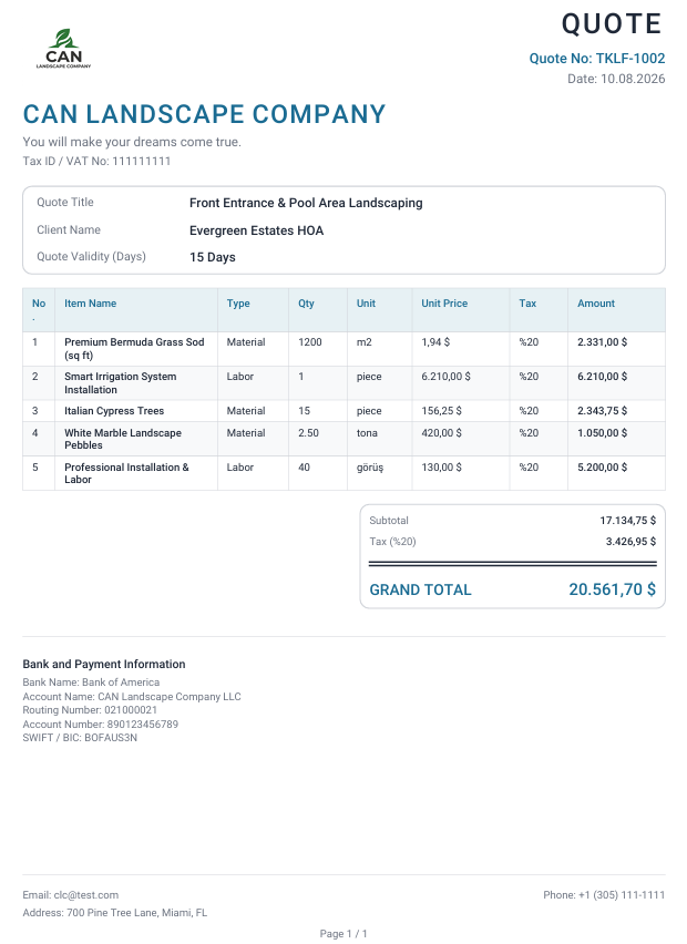 Professional PDF invoice export generated by QuoteQuick App