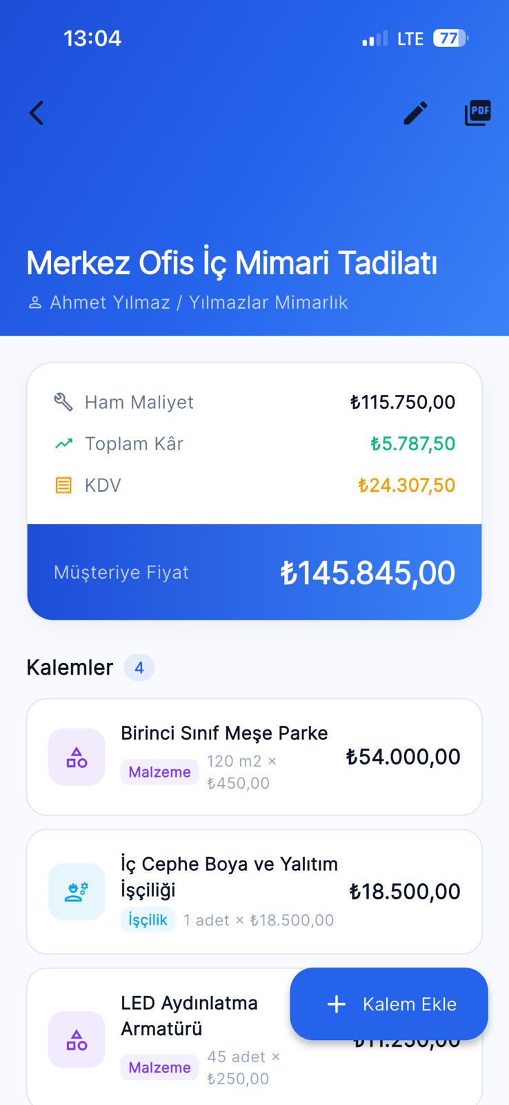 QuoteQuick App showing detailed invoice and estimate creation screen with items