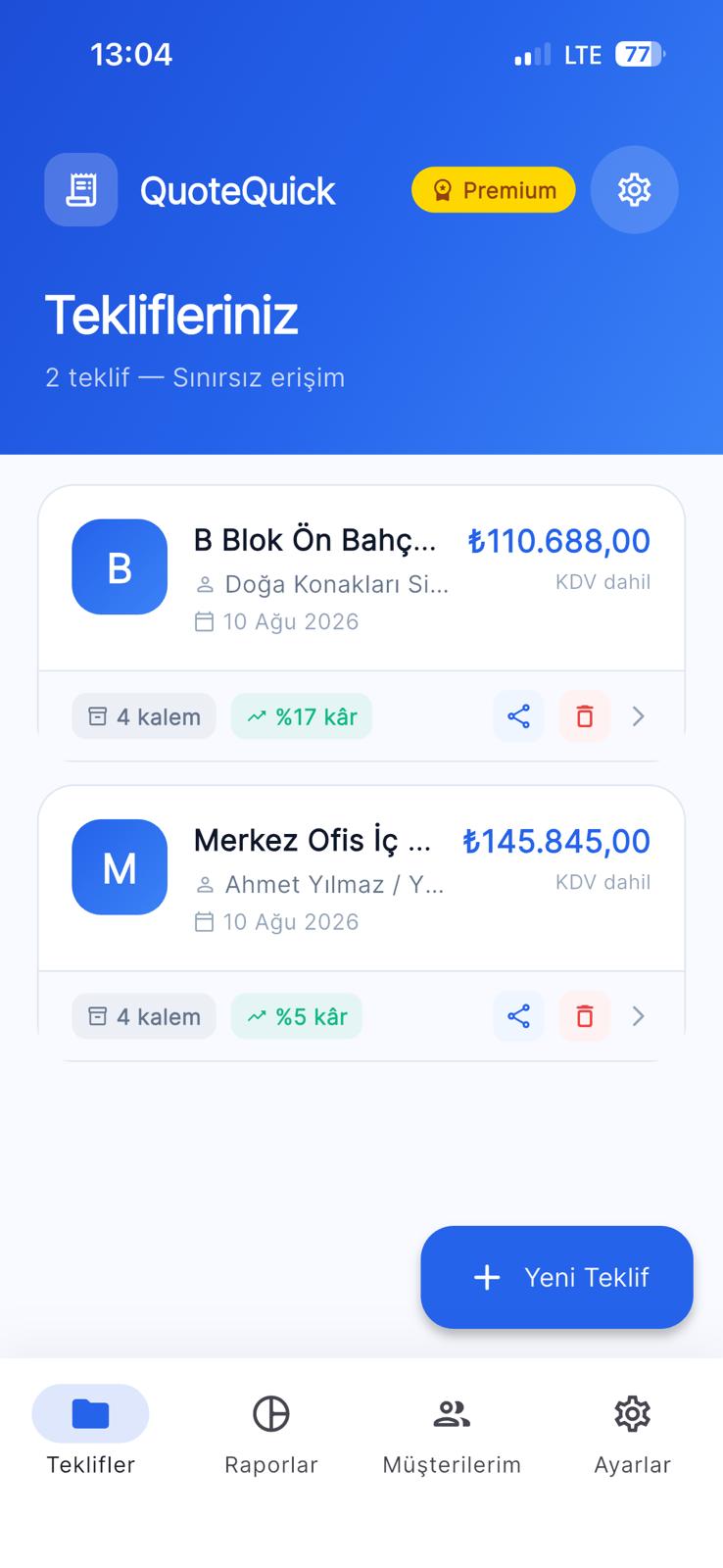 QuoteQuick Mobile App Dashboard showing total revenue and recent quotes